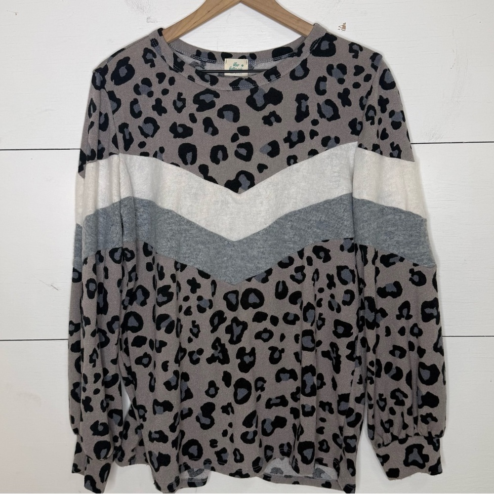 Blue Buttercup • Leopard Print Sweater with Gray and Cream Accents